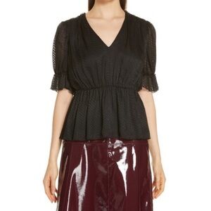 Lewit Black Silk Blend Jacquard Peplum Blouse V-Neck Designer Size S